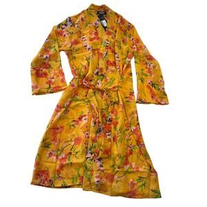 NWT Shore Drive Yellow Floral Boho Kimono Swim Beach Pool Cover Up Robe OSFM